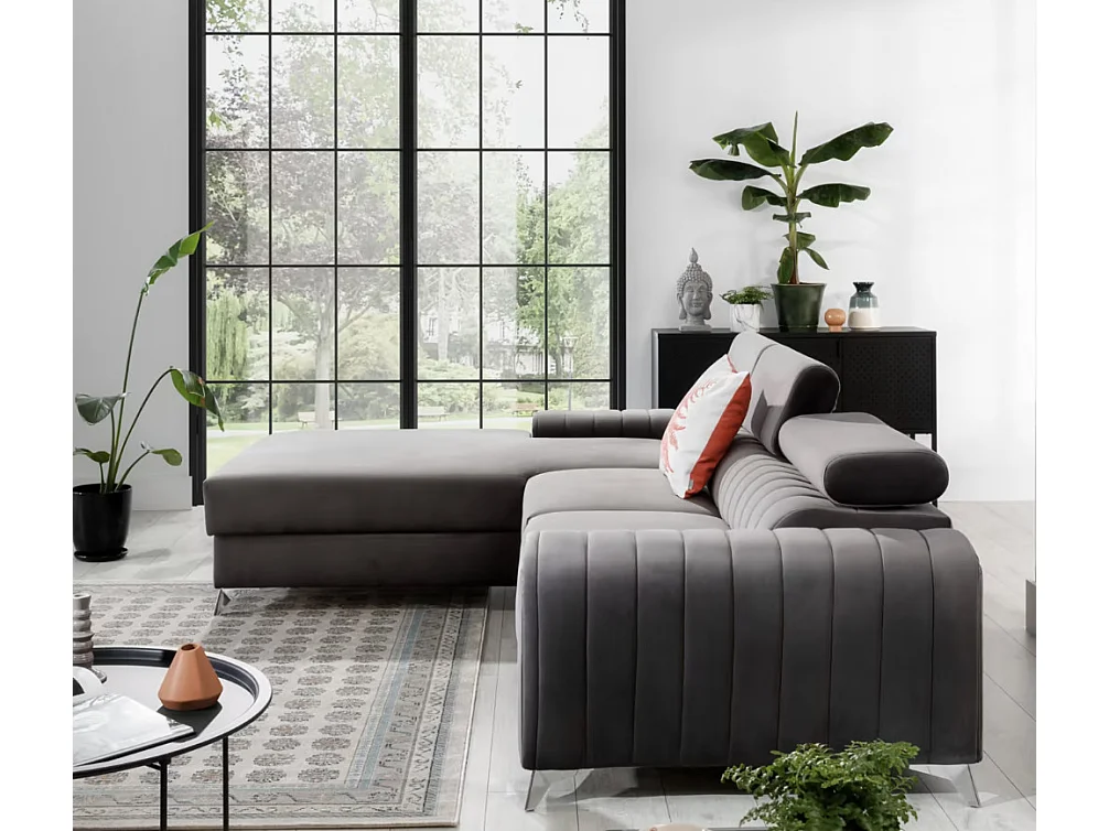 Canapé d'angle convertible velours têtière réglables GRENKY - Coffre, pieds acier chromé-Gris taupe-angle gauche