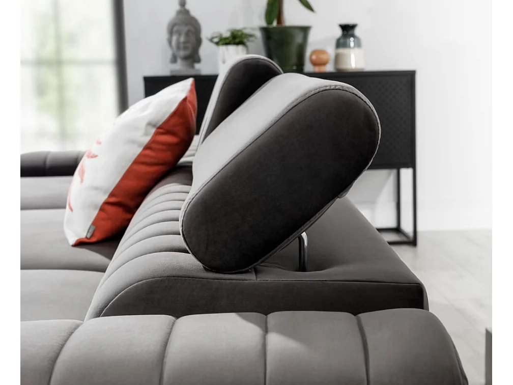 Canapé d'angle convertible velours têtière réglables GRENKY - Coffre, pieds acier chromé-Gris taupe-angle gauche