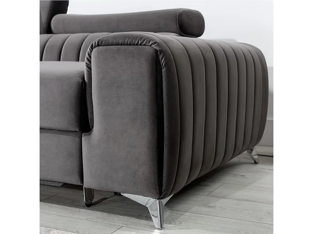 Canapé d'angle convertible velours têtière réglables GRENKY - Coffre, pieds acier chromé-Gris taupe-angle gauche