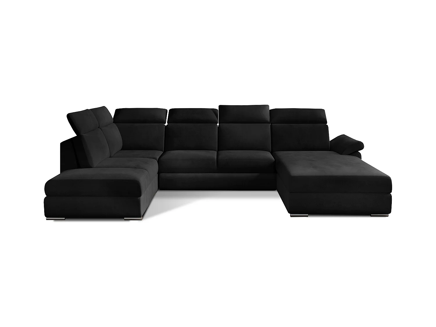 Canapé panoramique convertible LEVANO velours - Rangement et appuie-têtes réglables-Noir-Coffre à droite