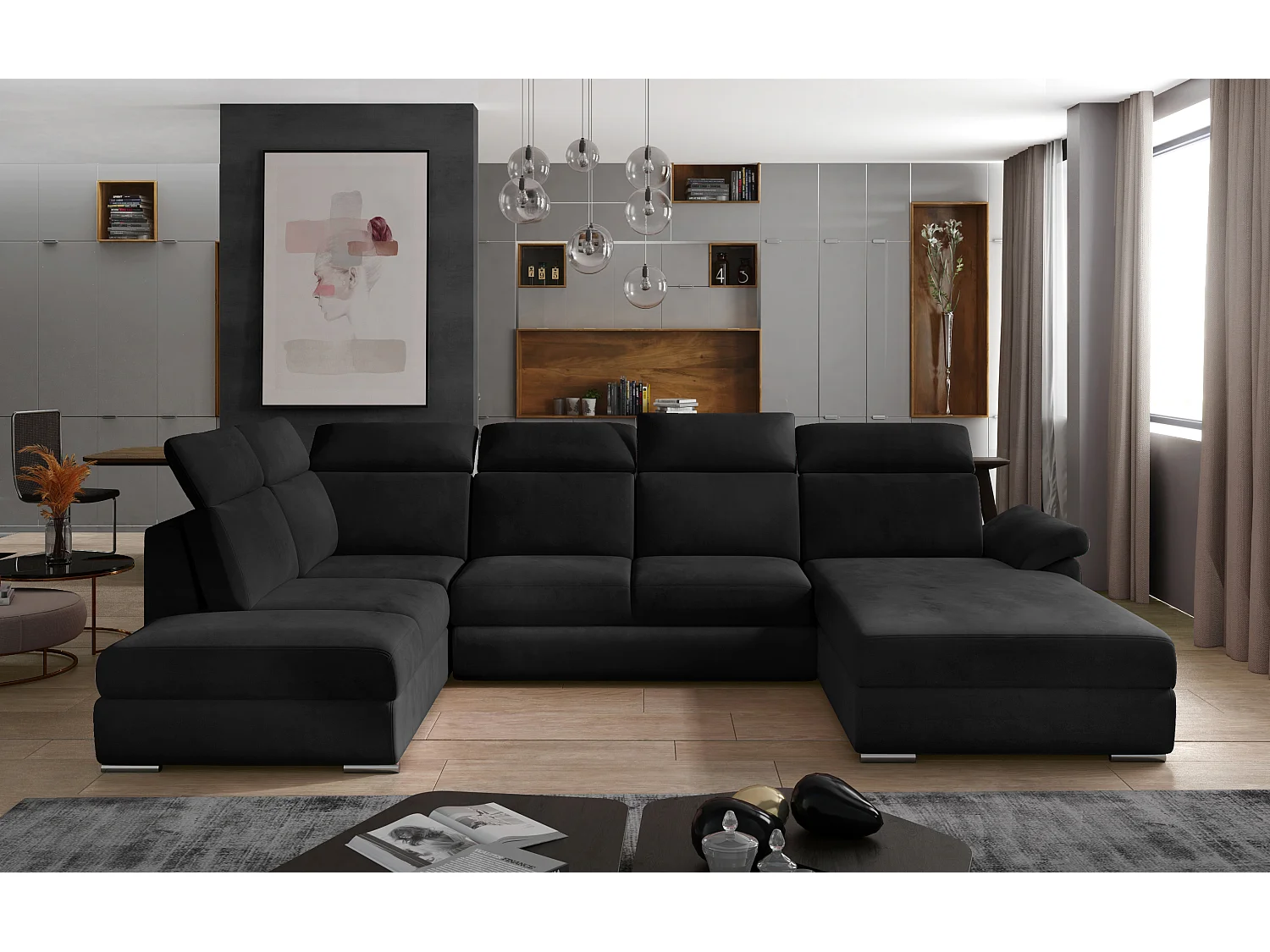 Canapé panoramique convertible LEVANO velours - Rangement et appuie-têtes réglables-Noir-Coffre à droite