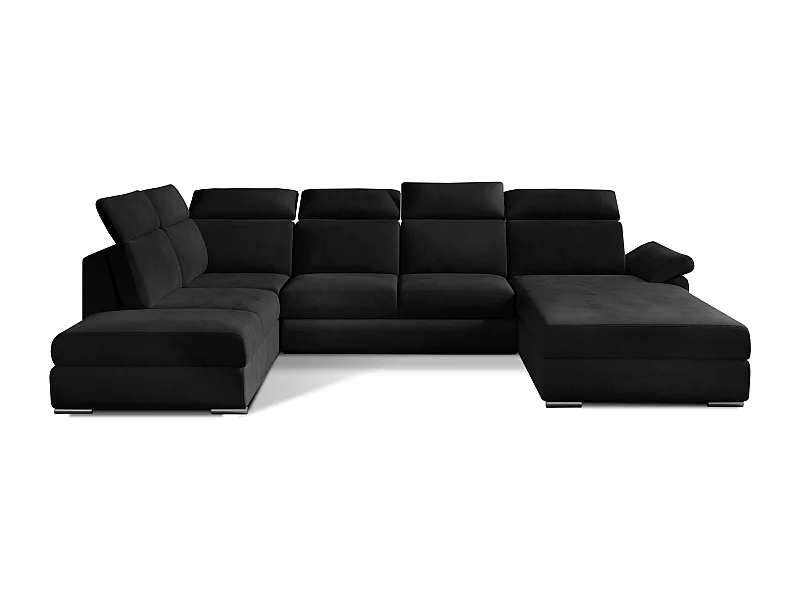 Canapé panoramique convertible LEVANO velours - Rangement et appuie-têtes réglables-Noir-Coffre à droite
