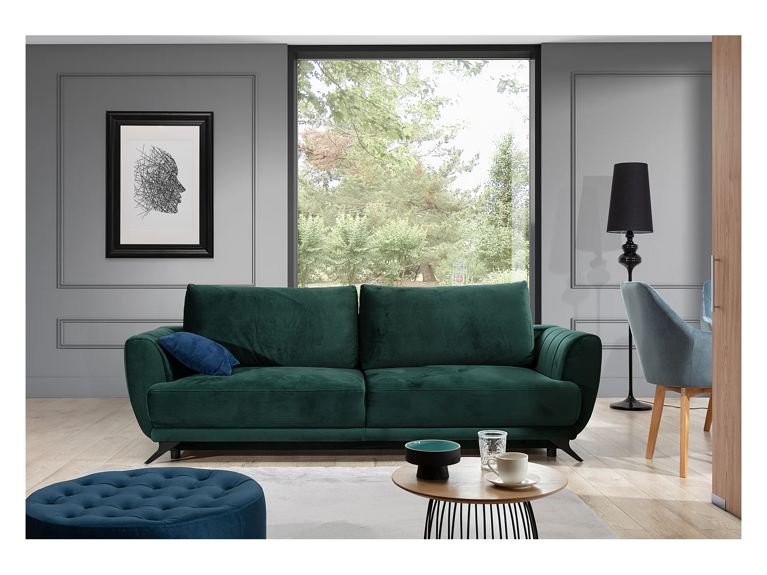 Canapé convertible en tissu MAGY - Design minimaliste avec pieds métal noir-Vert foncé