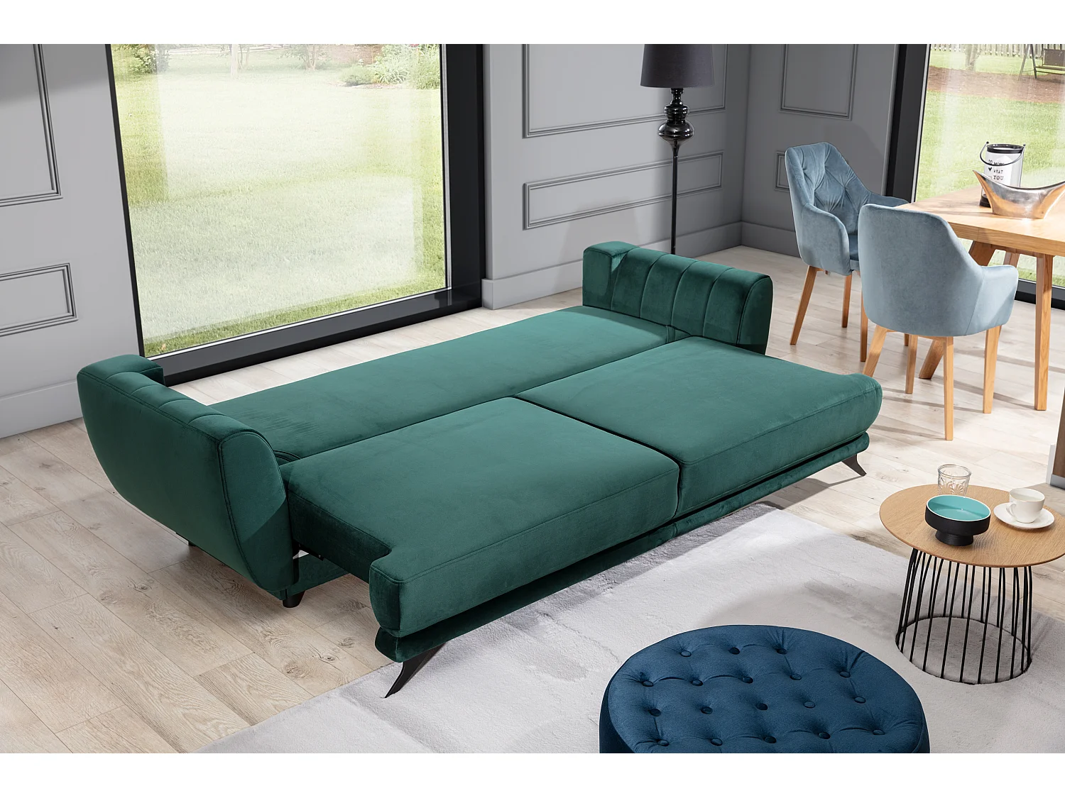 Canapé convertible en tissu MAGY - Design minimaliste avec pieds métal noir-Vert foncé