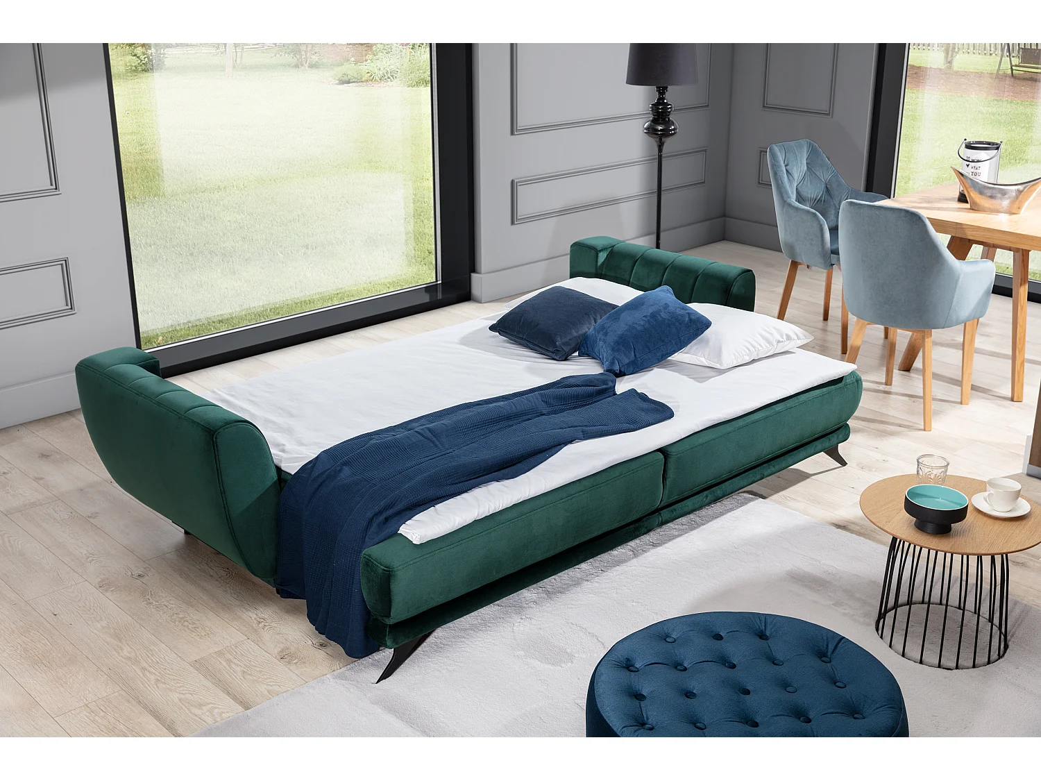 Canapé convertible en tissu MAGY - Design minimaliste avec pieds métal noir-Vert foncé