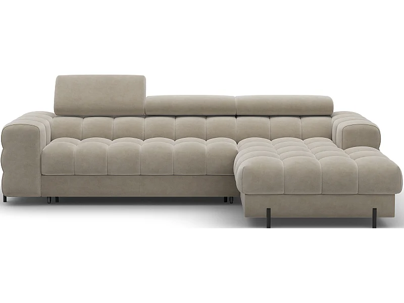 Canapé d’angle convertible velours appuis-tête réglables KATE – Coffre et pieds métal noir-Beige-angle droit