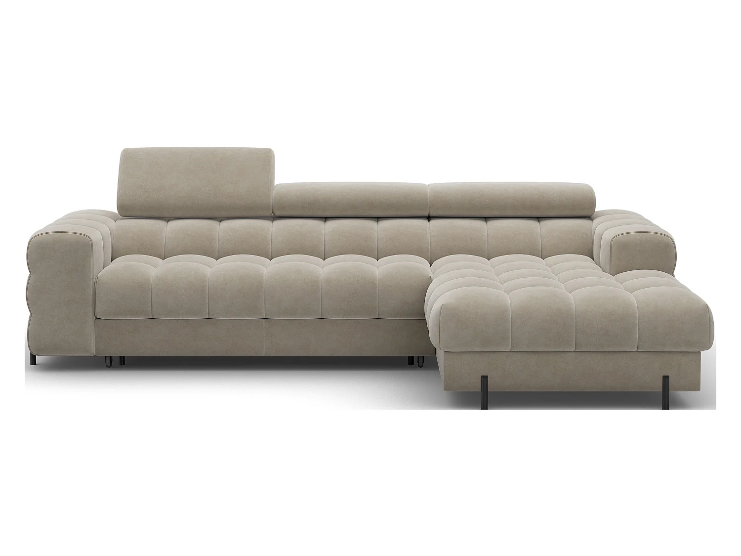 KATE omvormbare fluwelen hoekbank met verstelbare hoofdsteunen – Zwarte metalen opbergruimte en poten-Kleur Beige-juiste hoek