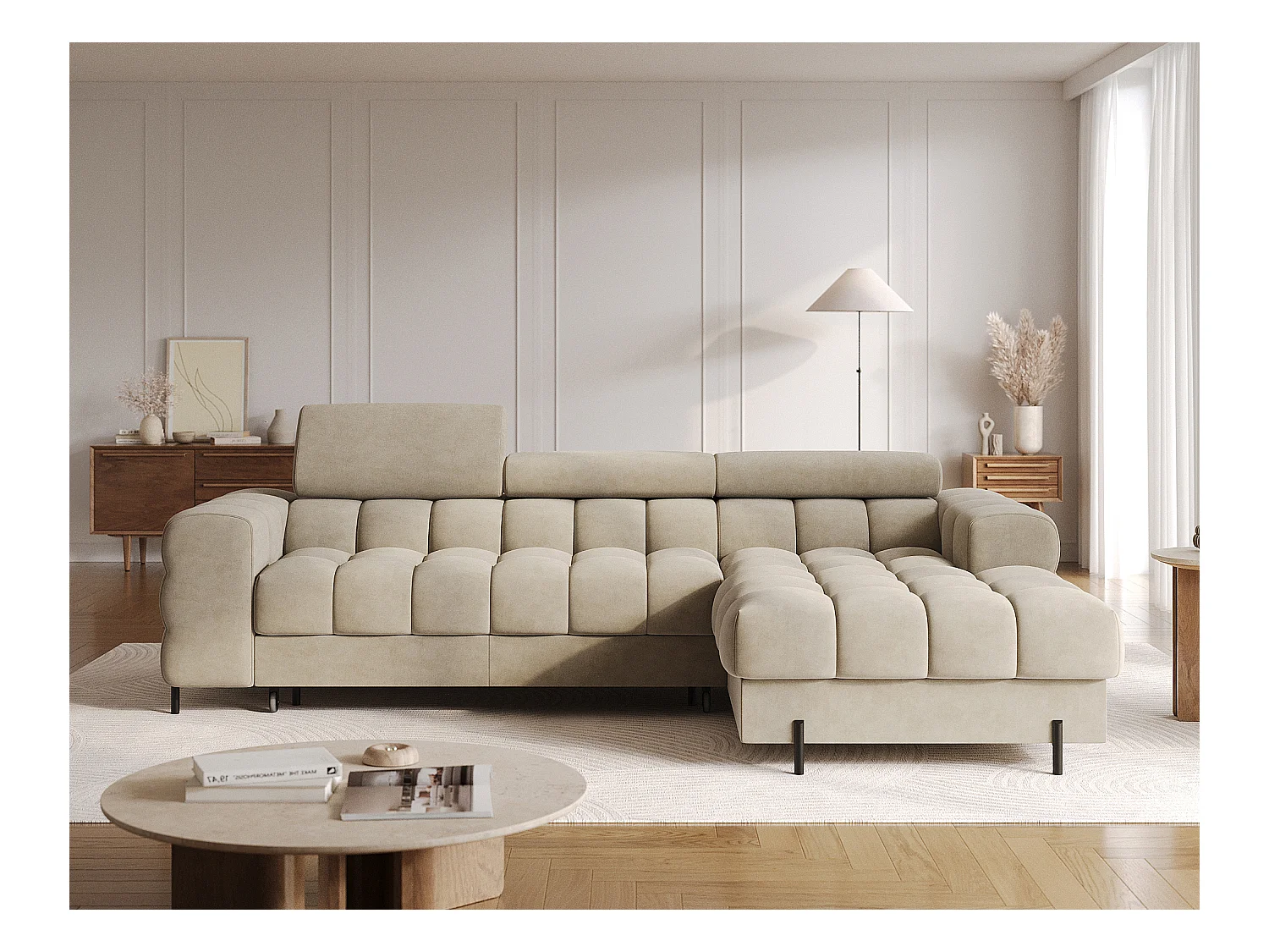 KATE omvormbare fluwelen hoekbank met verstelbare hoofdsteunen – Zwarte metalen opbergruimte en poten-Kleur Beige-juiste hoek