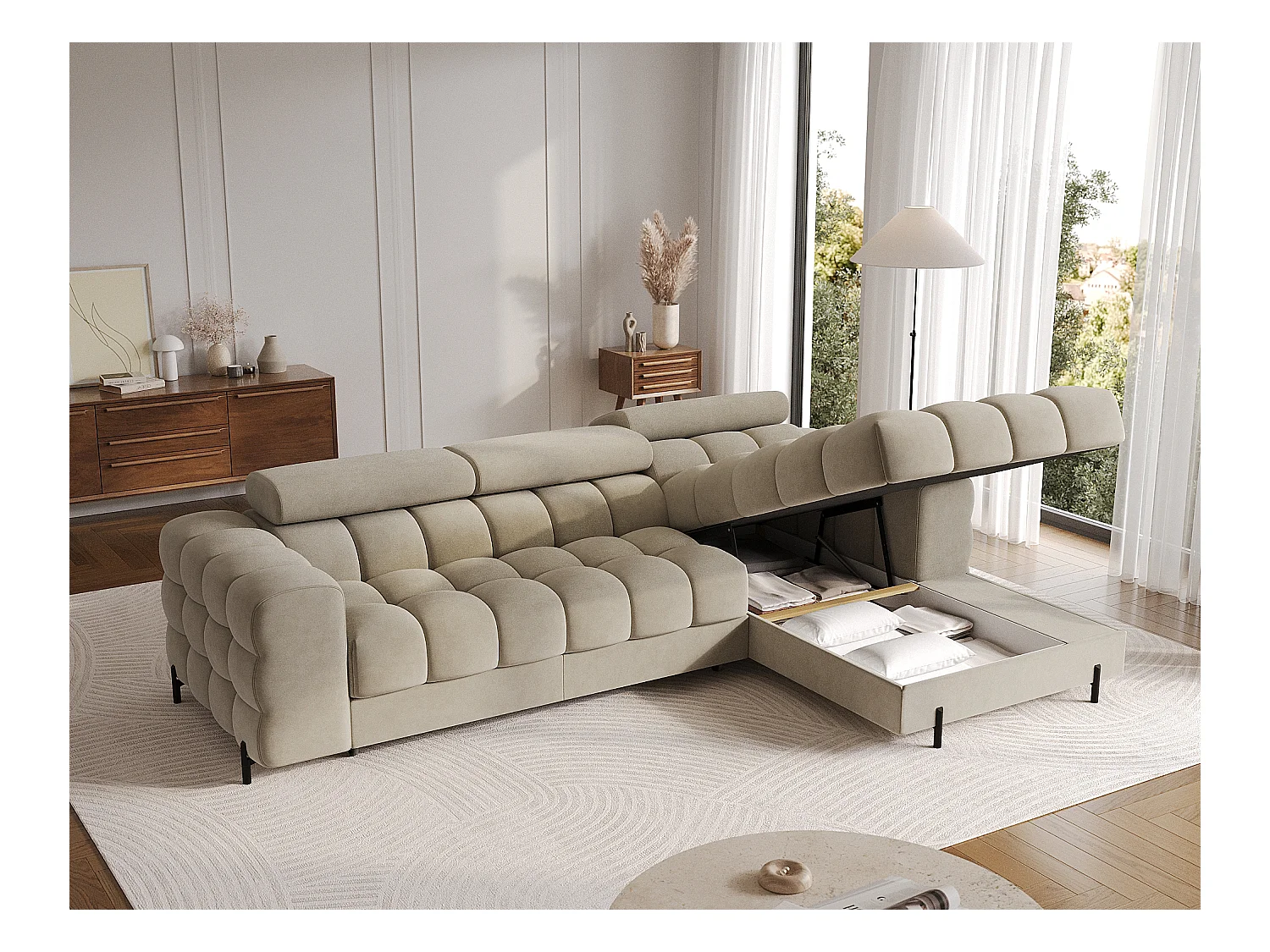 KATE omvormbare fluwelen hoekbank met verstelbare hoofdsteunen – Zwarte metalen opbergruimte en poten-Kleur Beige-juiste hoek