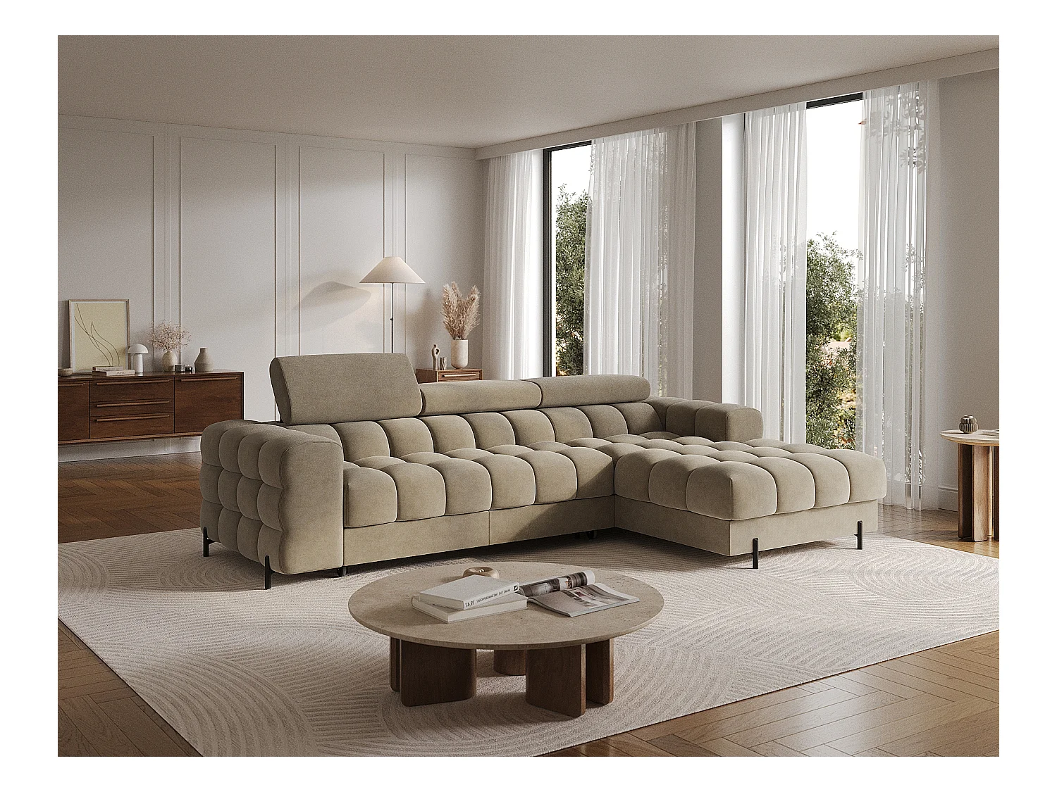 KATE omvormbare fluwelen hoekbank met verstelbare hoofdsteunen – Zwarte metalen opbergruimte en poten-Kleur Beige-juiste hoek