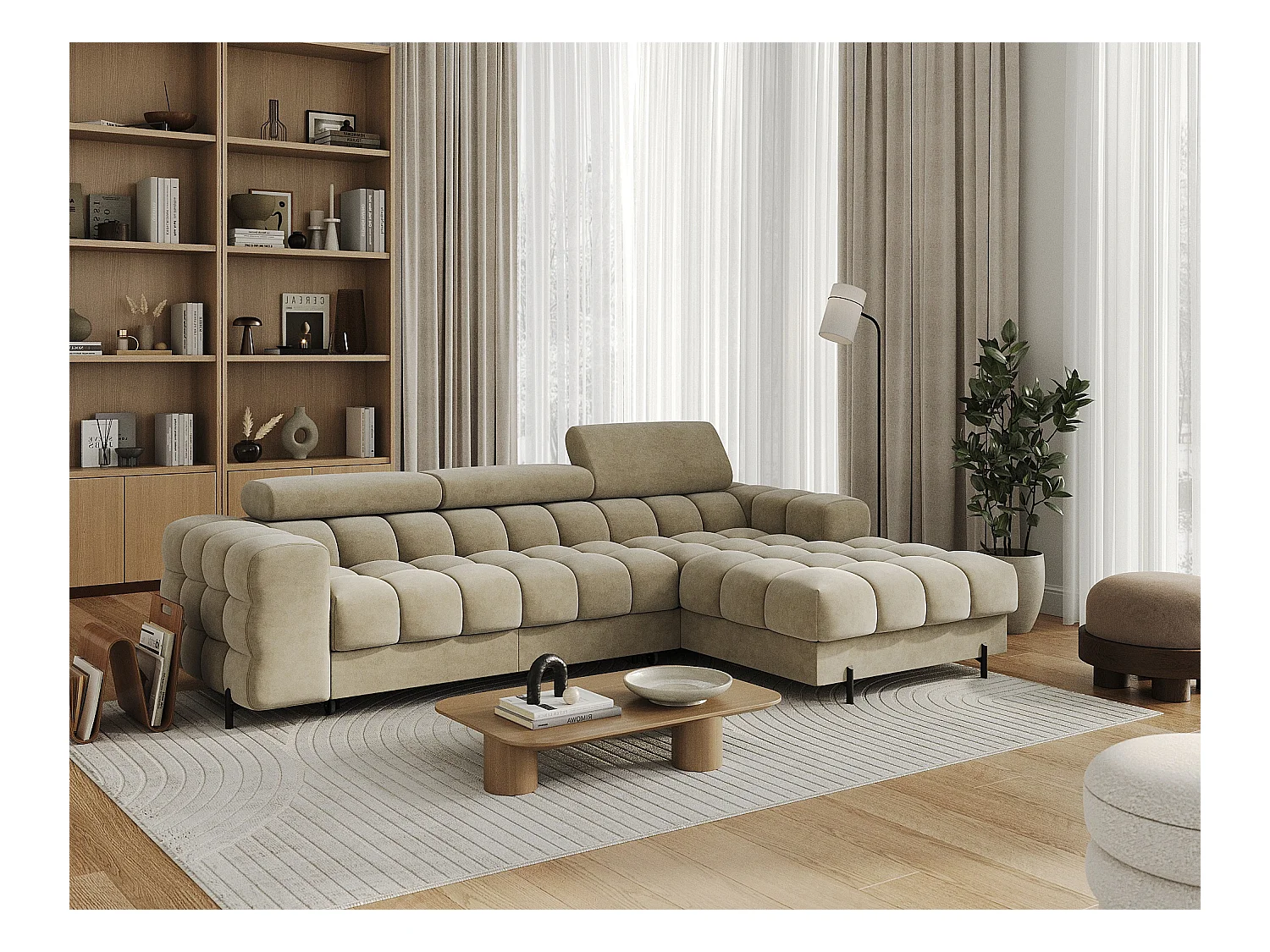 KATE omvormbare fluwelen hoekbank met verstelbare hoofdsteunen – Zwarte metalen opbergruimte en poten-Kleur Beige-juiste hoek