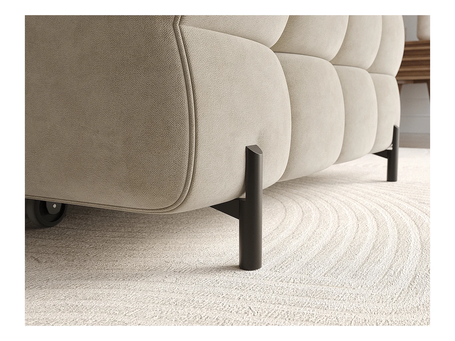 KATE omvormbare fluwelen hoekbank met verstelbare hoofdsteunen – Zwarte metalen opbergruimte en poten-Kleur Beige-juiste hoek