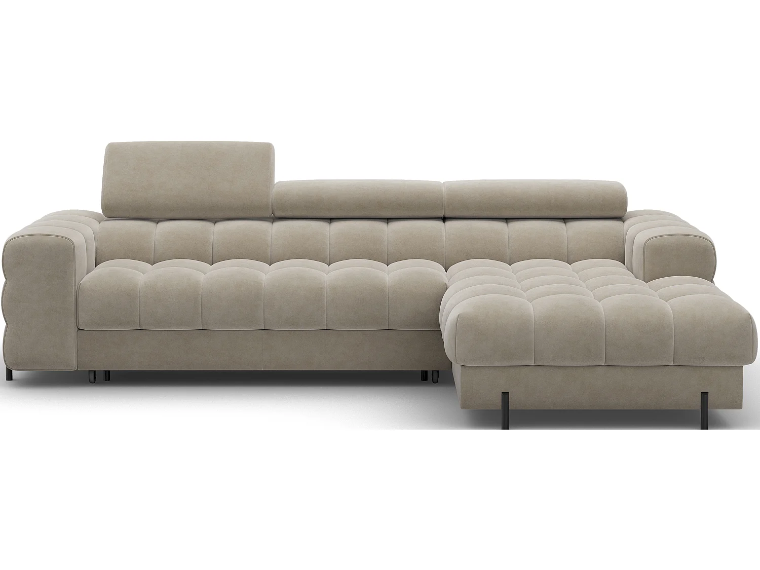 Canapé d’angle convertible velours appuis-tête réglables KATE – Coffre et pieds métal noir-Beige-angle droit