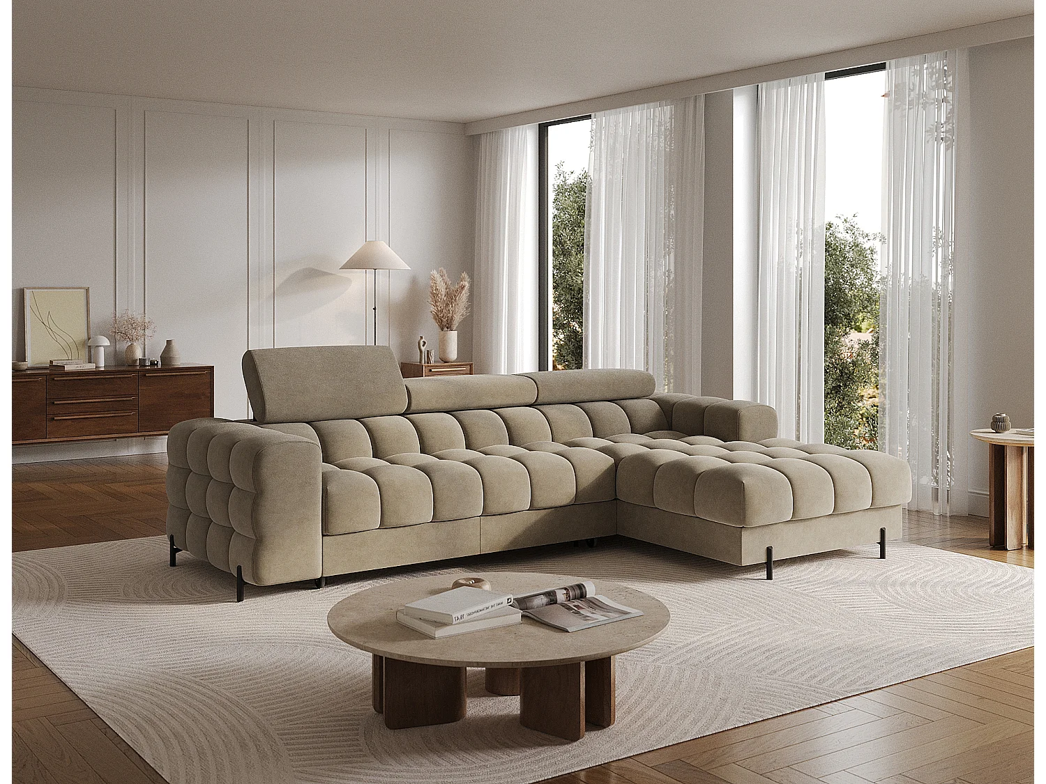 Canapé d’angle convertible velours appuis-tête réglables KATE – Coffre et pieds métal noir-Beige-angle droit