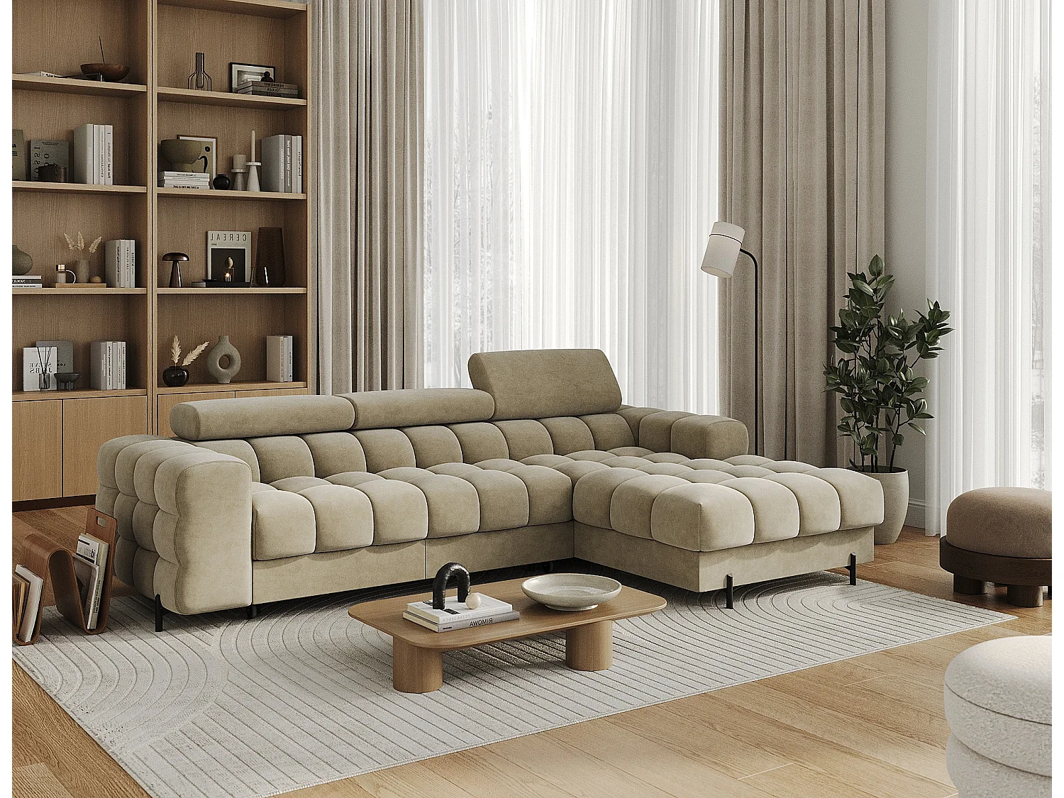 Canapé d’angle convertible velours appuis-tête réglables KATE – Coffre et pieds métal noir-Beige-angle droit