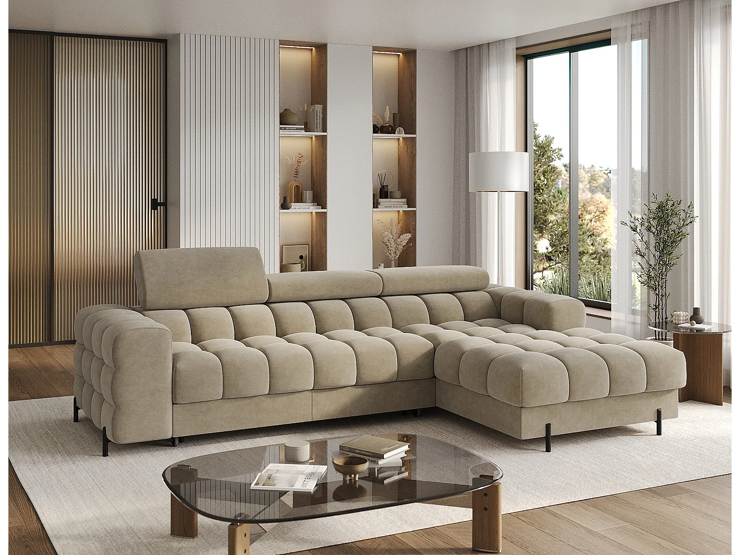 Canapé d’angle convertible velours appuis-tête réglables KATE – Coffre et pieds métal noir-Beige-angle droit