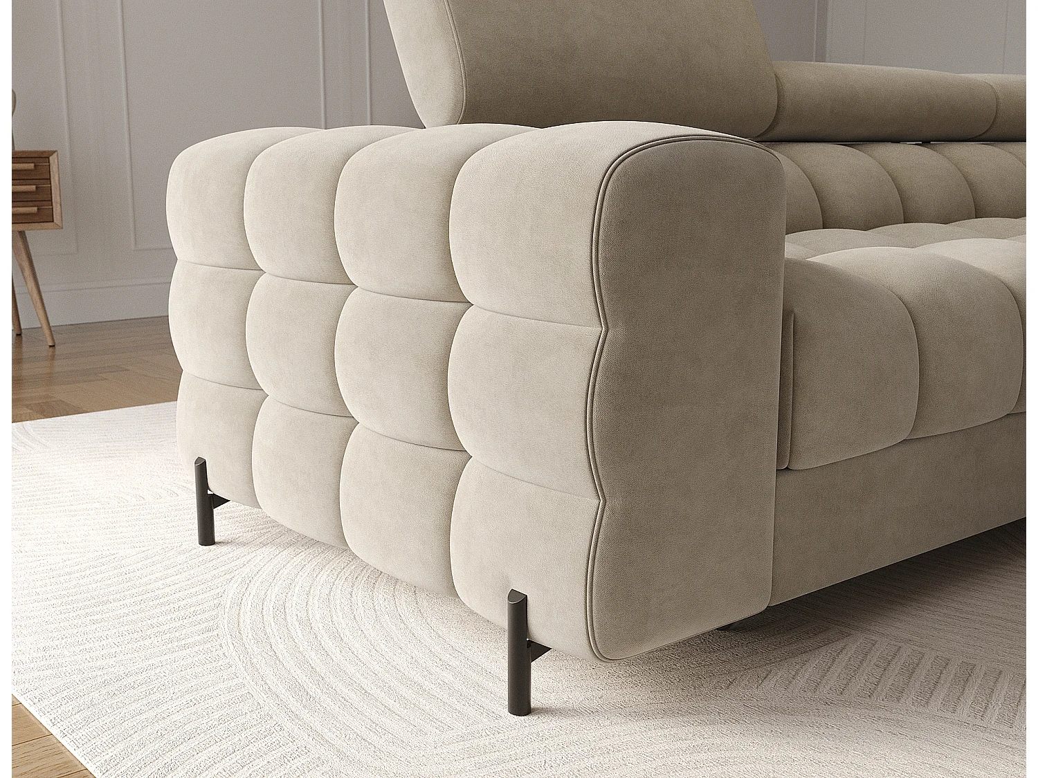 Canapé d’angle convertible velours appuis-tête réglables KATE – Coffre et pieds métal noir-Beige-angle droit