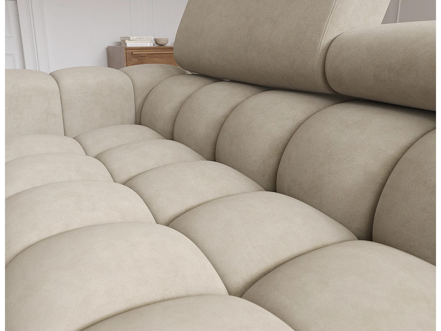 Canapé d’angle convertible velours appuis-tête réglables KATE – Coffre et pieds métal noir-Beige-angle droit