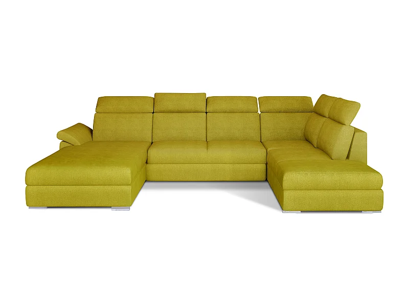 Canapé panoramique convertible LEVANO tissu - Rangement et appuie-têtes réglables-Jaune olive-Coffre à droite