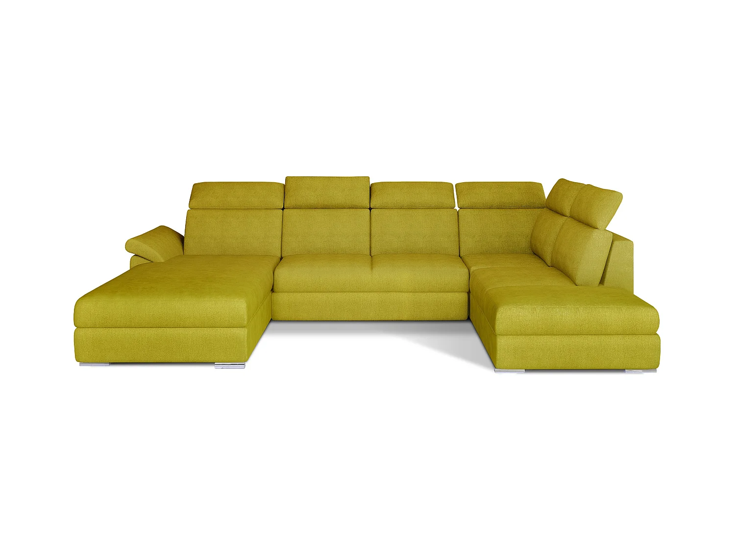 Canapé panoramique convertible LEVANO tissu - Rangement et appuie-têtes réglables-Jaune olive-Coffre à droite