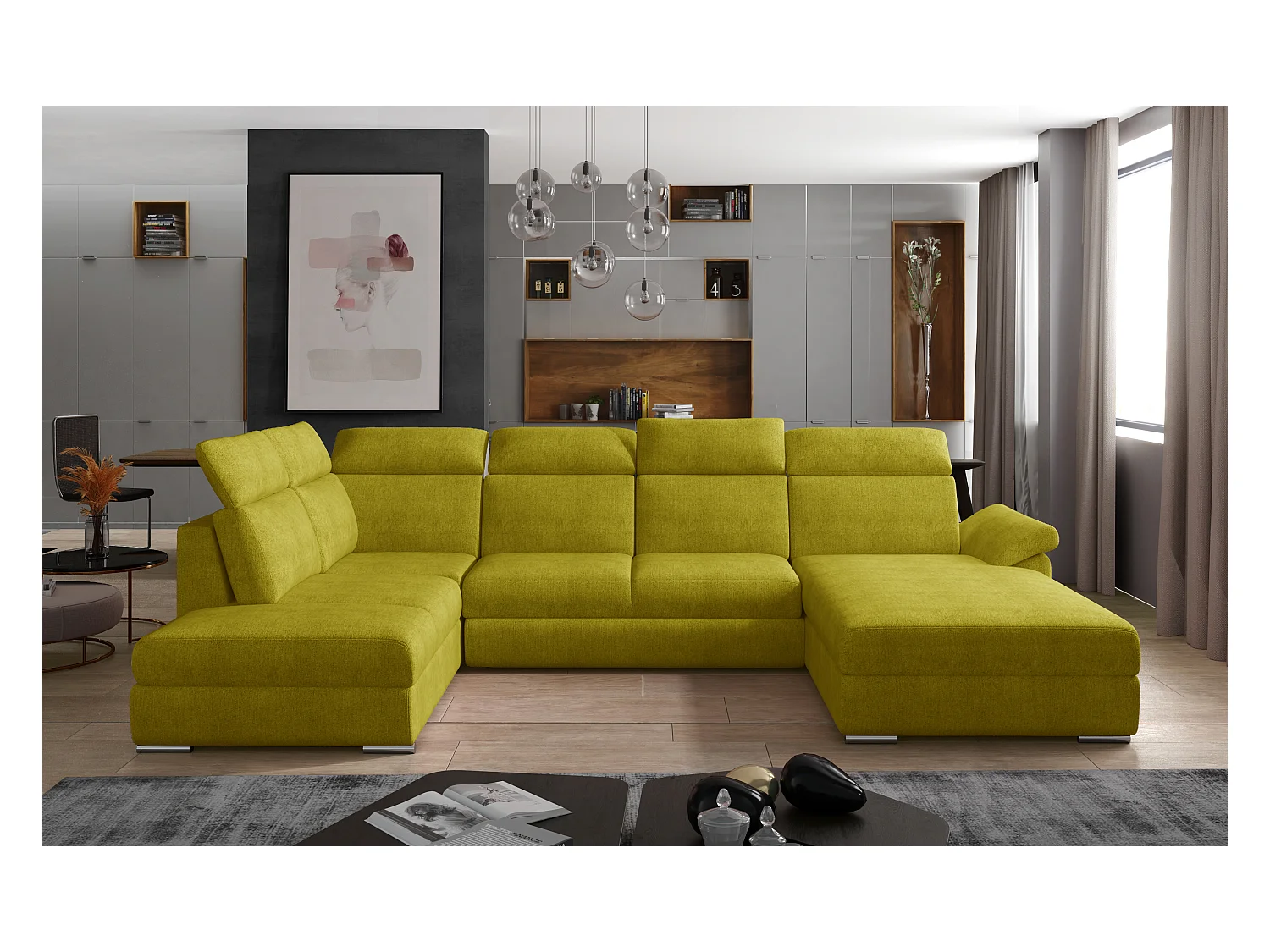 Canapé panoramique convertible LEVANO tissu - Rangement et appuie-têtes réglables-Jaune olive-Coffre à droite