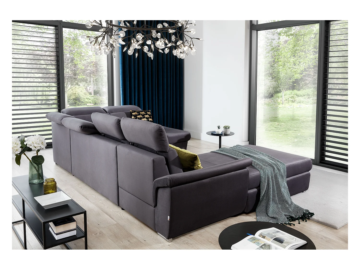 Canapé panoramique convertible LEVANO tissu - Rangement et appuie-têtes réglables-Jaune olive-Coffre à droite