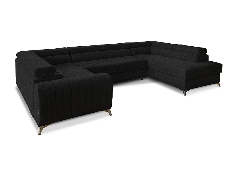 Canapé panoramique convertible LOUVE tissu - Rangement et têtières réglables-Noir-Coffre à droite