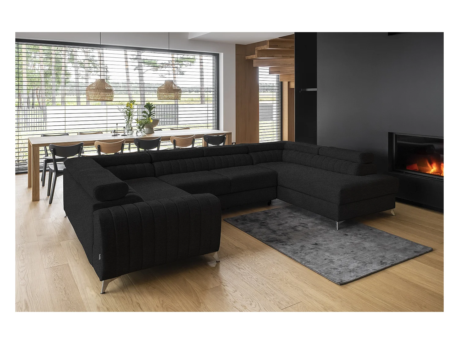 Canapé panoramique convertible LOUVE tissu - Rangement et têtières réglables-Noir-Coffre à droite