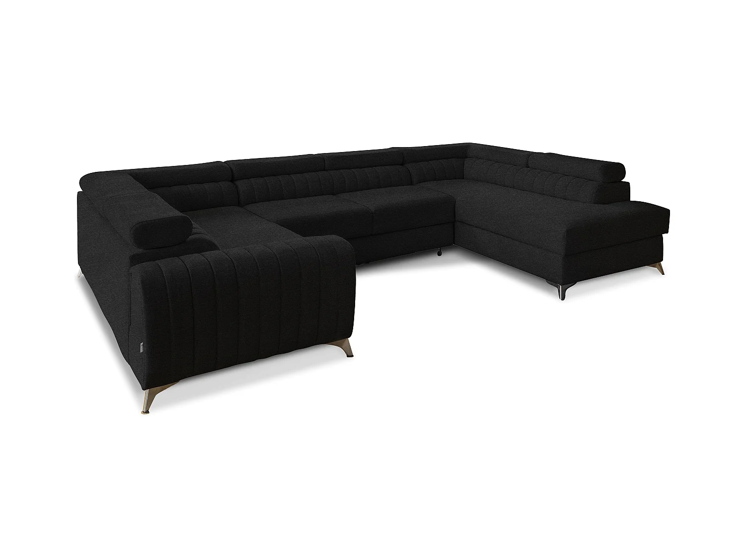Canapé panoramique convertible LOUVE tissu - Rangement et têtières réglables-Noir-Coffre à droite