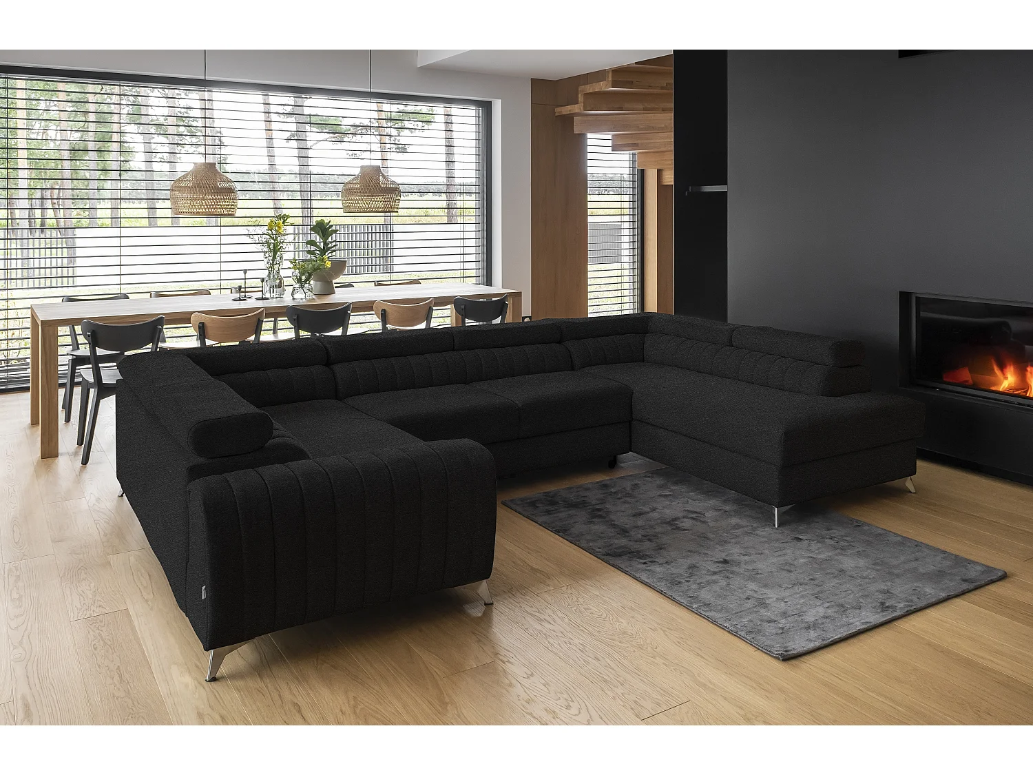 Sofá panorámico convertible de tela LOUVE - Almacenamiento y reposacabezas ajustables-Negro-Caja Lado derecho