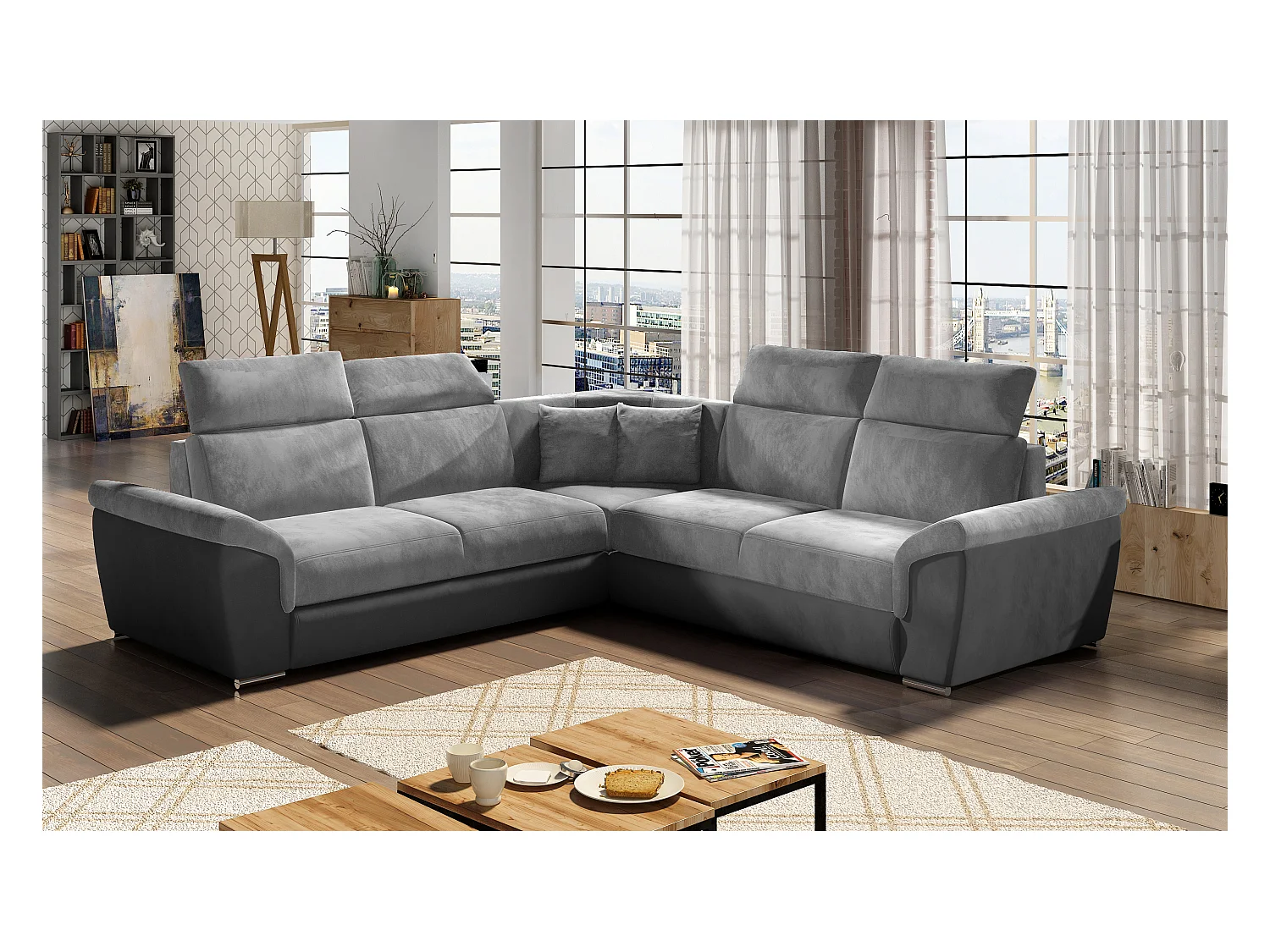 Sofá esquinero Neo reversible y convertible en terciopelo - Patas de acero cromado-Color Gris oscuro/gris