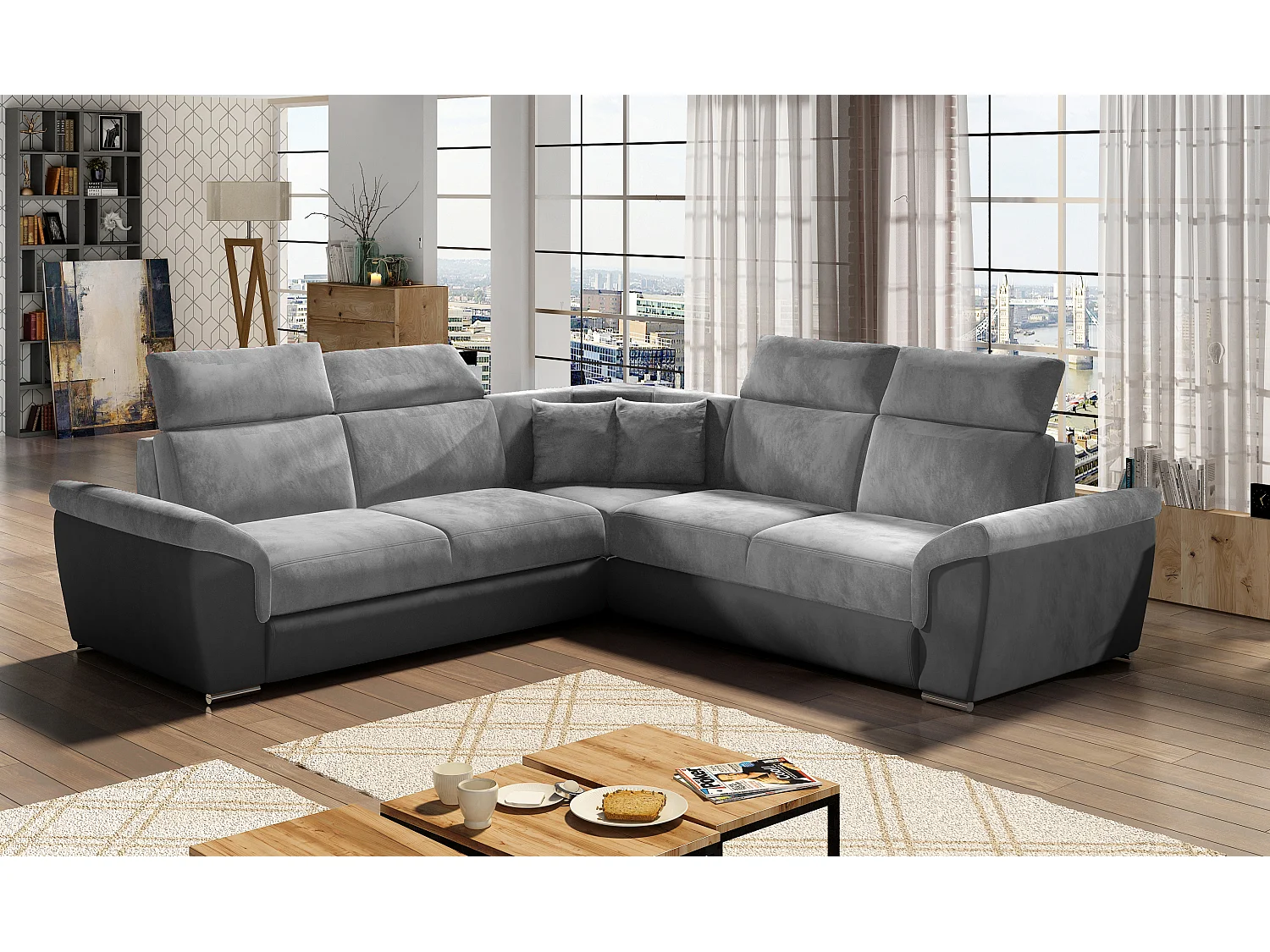 Sofá esquinero Neo reversible y convertible en terciopelo - Patas de acero cromado-Color Gris oscuro/gris