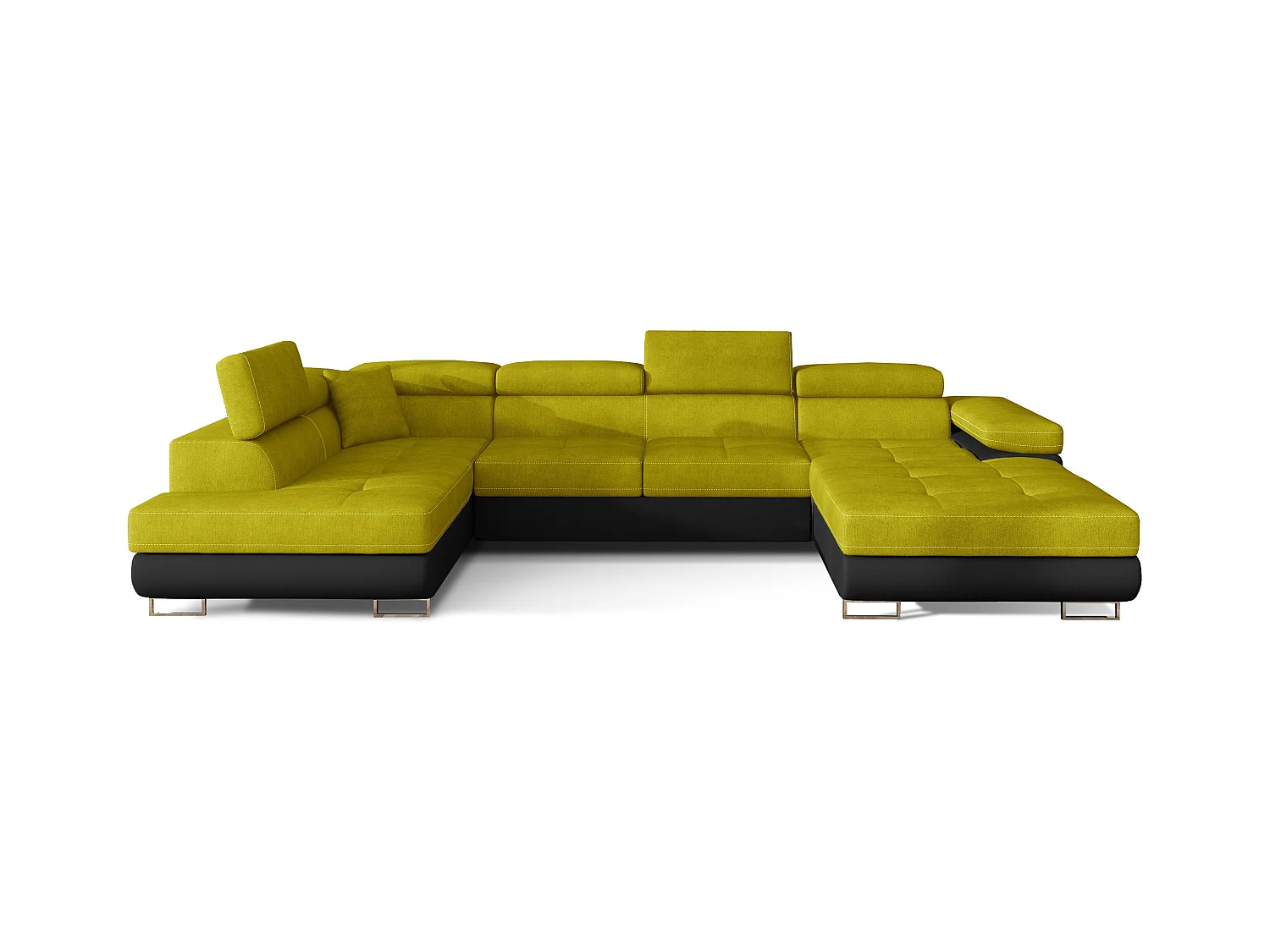 Canapé panoramique convertible ROMANO - Rangement et appuie-têtes réglables-Noir/Jaune olive-Coffre à gauche
