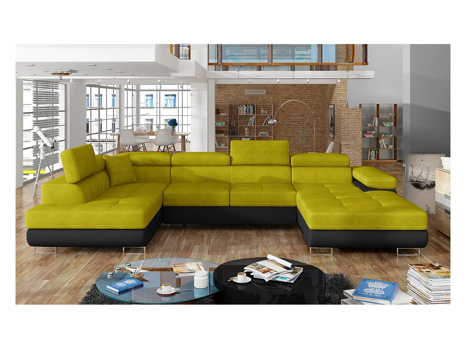 Canapé panoramique convertible ROMANO - Rangement et appuie-têtes réglables-Noir/Jaune olive-Coffre à gauche