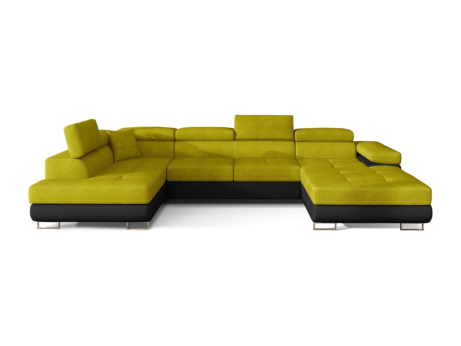 Canapé panoramique convertible ROMANO - Rangement et appuie-têtes réglables-Noir/Jaune olive-Coffre à gauche