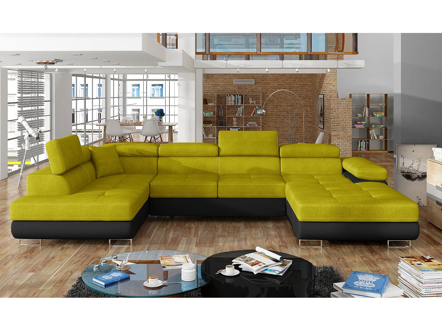 Canapé panoramique convertible ROMANO - Rangement et appuie-têtes réglables-Noir/Jaune olive-Coffre à gauche