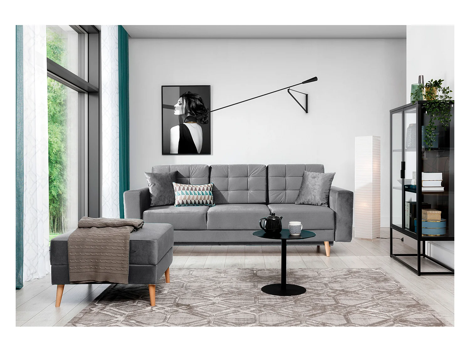 Canapé convertible velours ANSKA - Pieds bois naturel-Gris clair