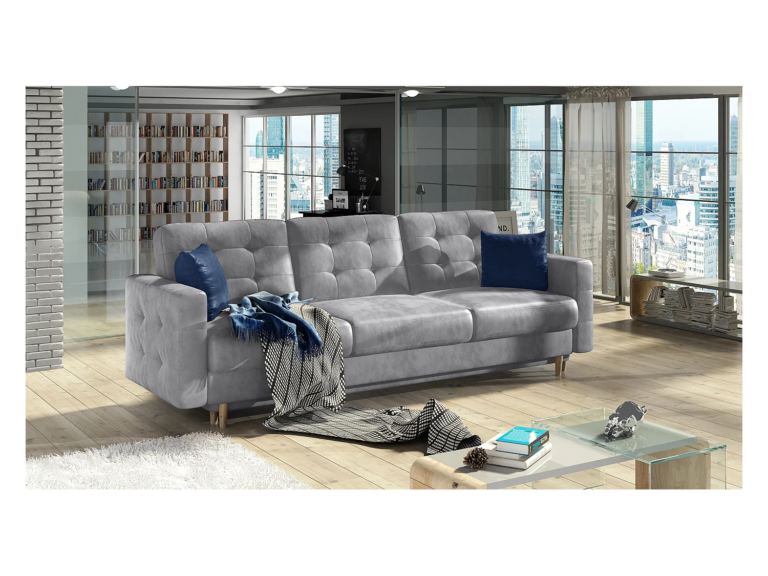 Canapé convertible velours ANSKA - Pieds bois naturel-Gris clair