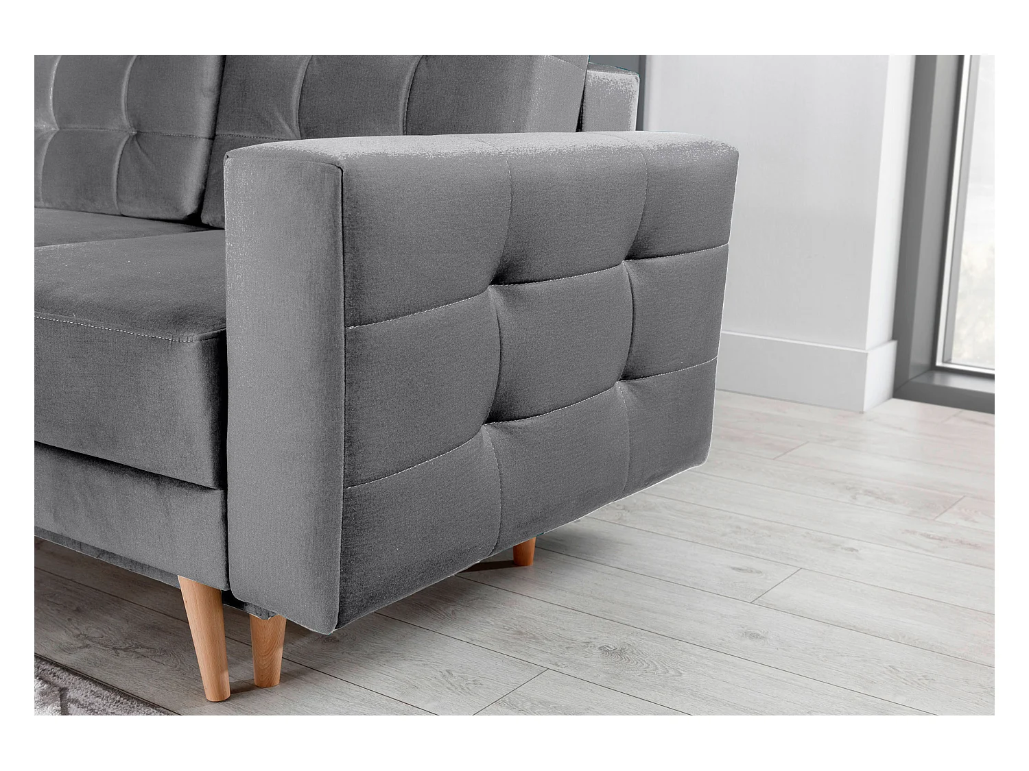 Canapé convertible velours ANSKA - Pieds bois naturel-Gris clair