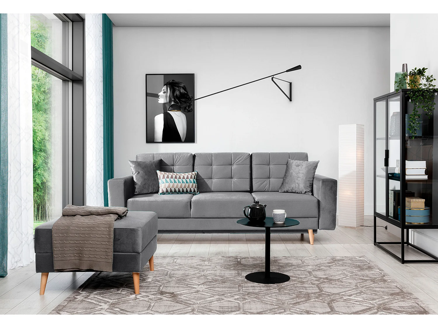 ANSKA fluwelen slaapbank - Poten van natuurlijk hout-Kleur Lichtgrijs