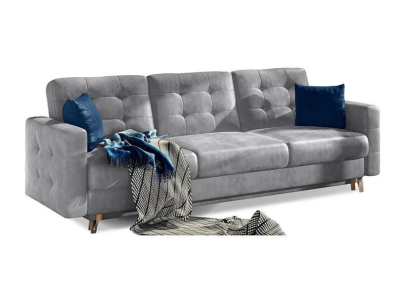 Canapé convertible velours ANSKA - Pieds bois naturel-Gris clair