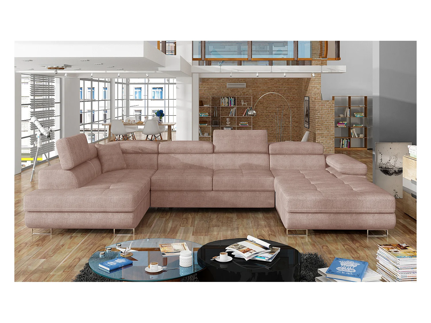 Canapé panoramique convertible ROMANO tissu - Rangement et appuie-têtes réglables-Rose clair-Coffre à gauche