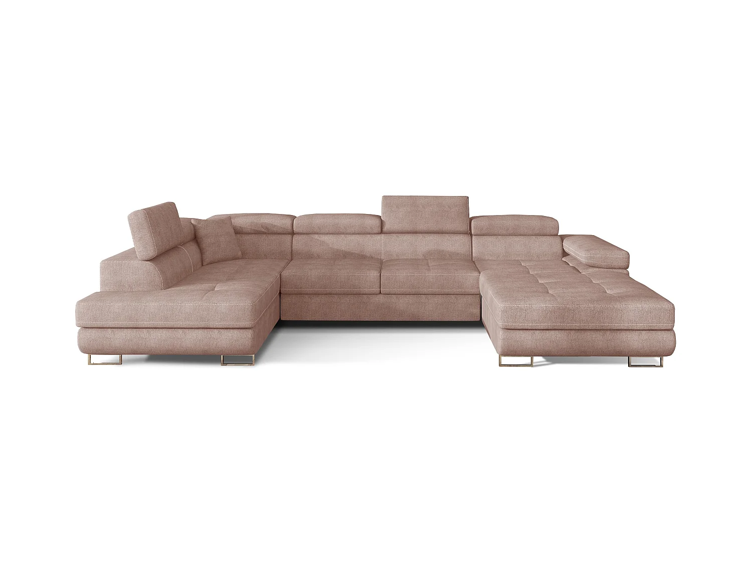 Canapé panoramique convertible ROMANO tissu - Rangement et appuie-têtes réglables-Rose clair-Coffre à gauche