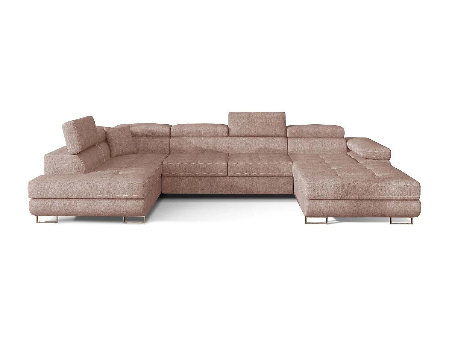 Canapé panoramique convertible ROMANO tissu - Rangement et appuie-têtes réglables-Rose clair-Coffre à gauche