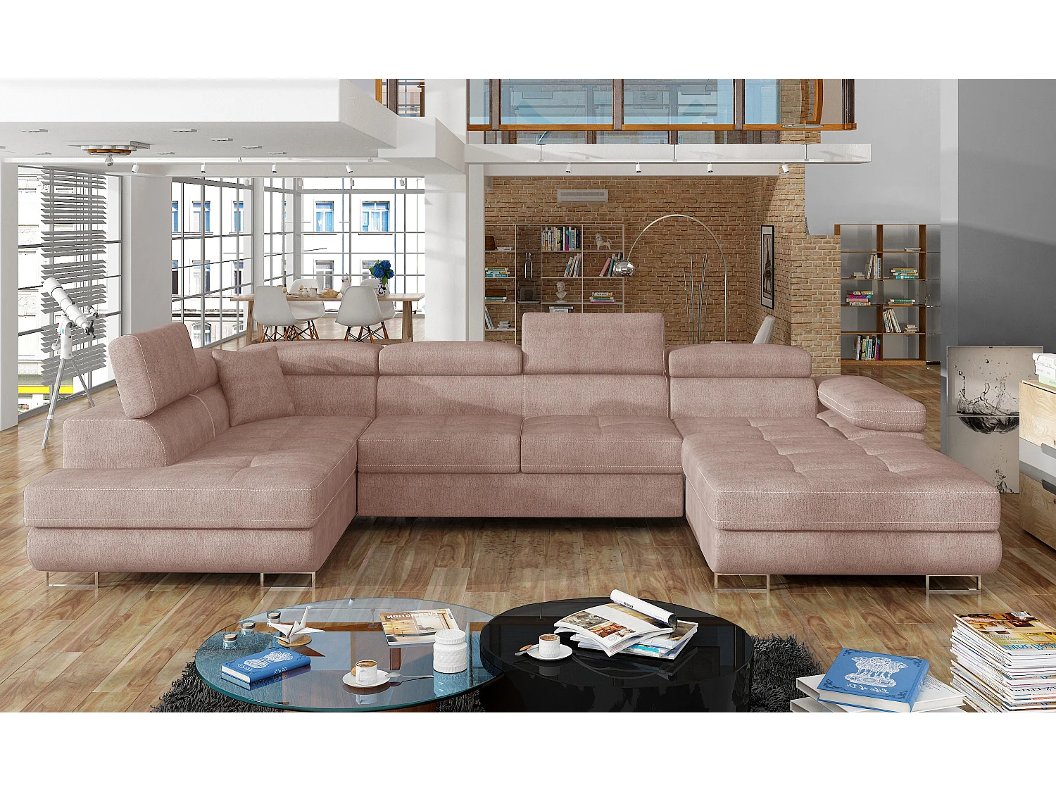 Canapé panoramique convertible ROMANO tissu - Rangement et appuie-têtes réglables-Rose clair-Coffre à gauche