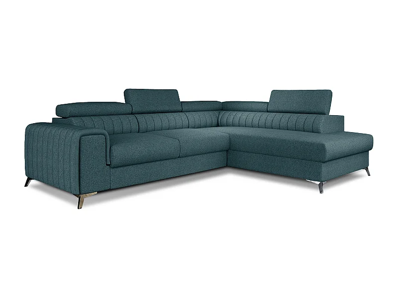 Canapé d'angle convertible tissu appuis-tête réglables LOZA - Coffre et pieds acier chromé-Vert emeraude-angle droit