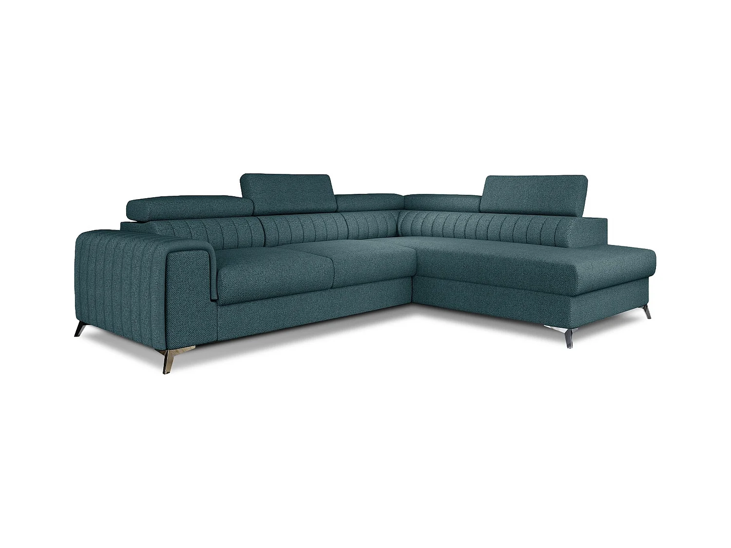 Canapé d'angle convertible tissu appuis-tête réglables LOZA - Coffre et pieds acier chromé-Vert emeraude-angle droit