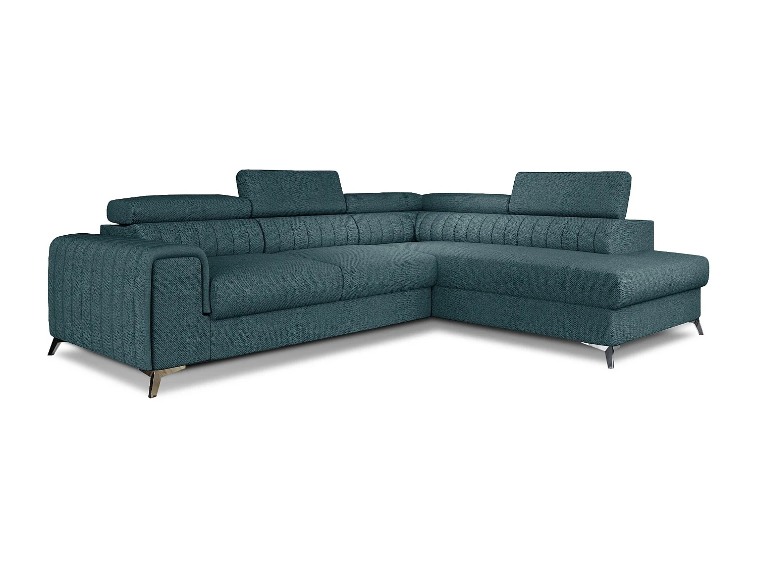 Canapé d'angle convertible tissu appuis-tête réglables LOZA - Coffre et pieds acier chromé-Vert emeraude-angle droit