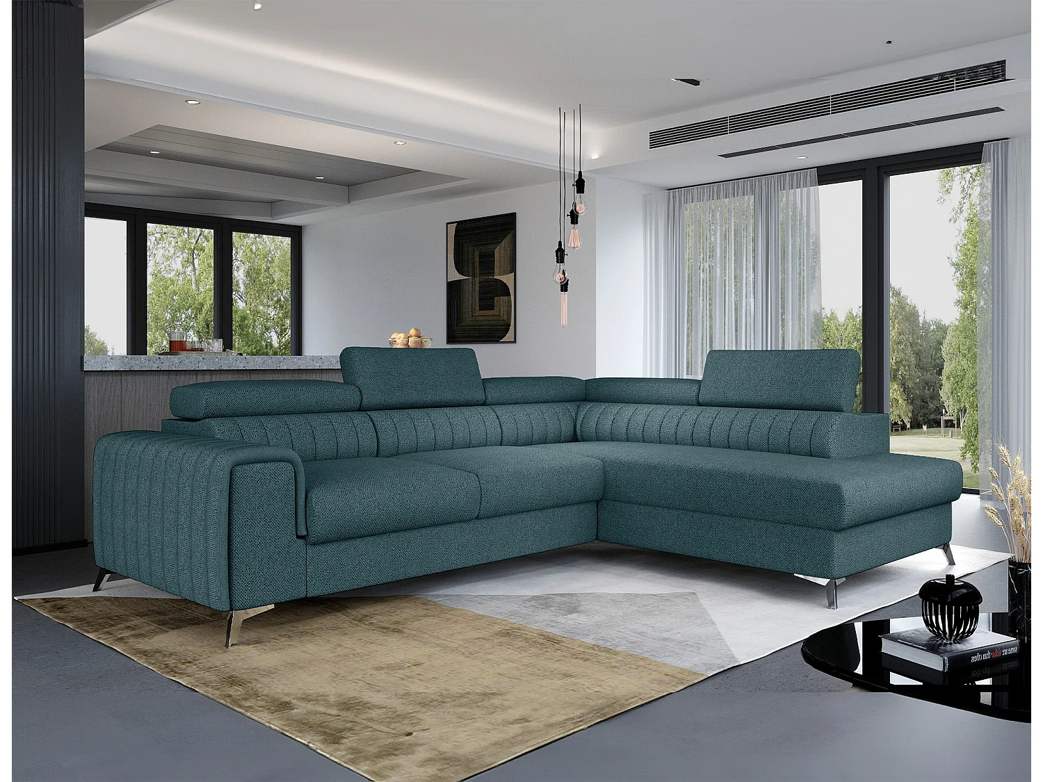 Canapé d'angle droit convertible 5 places avec coffre en tissu vert émeraude LOZA