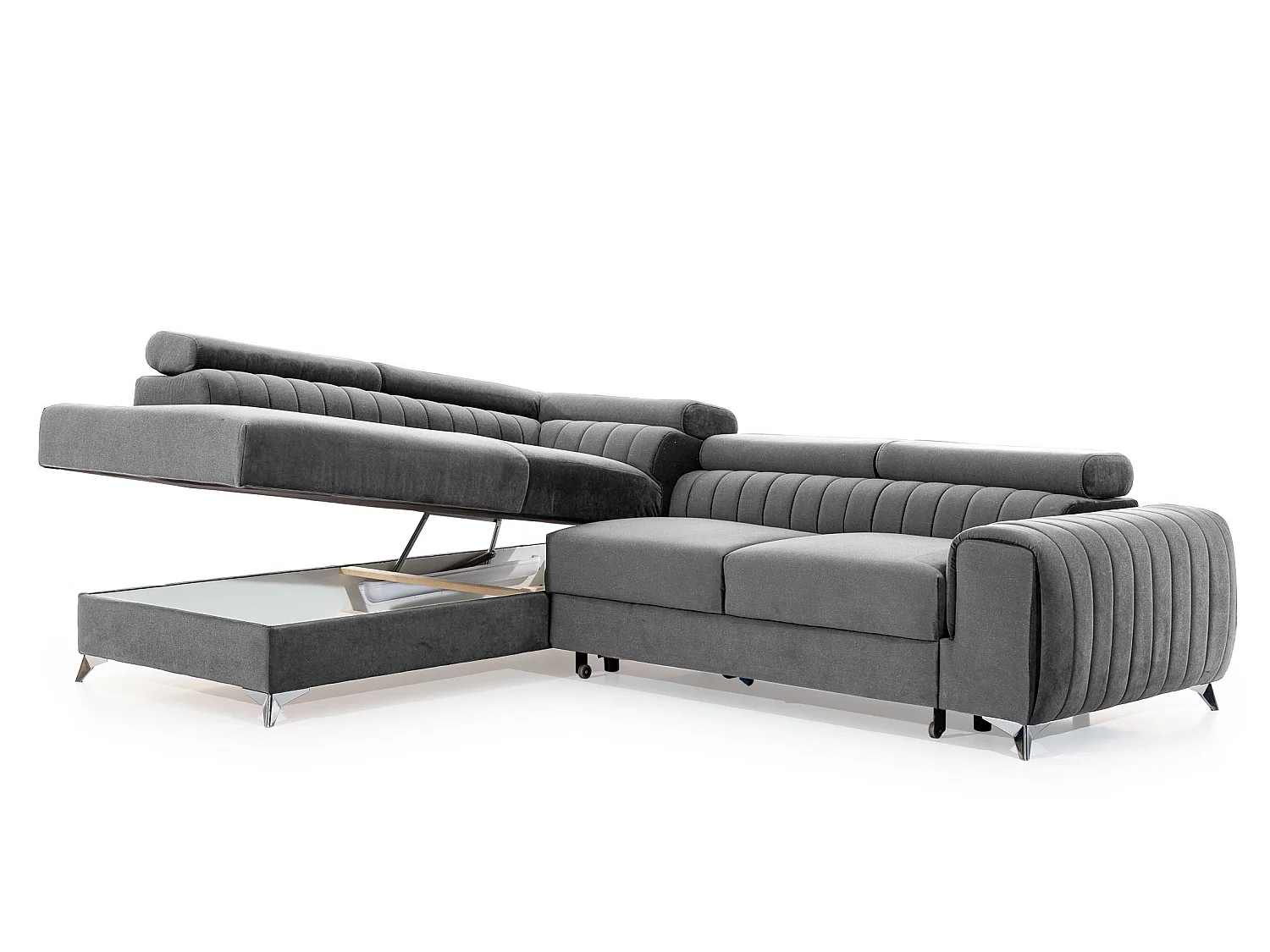 Canapé d'angle droit convertible 5 places avec coffre en tissu vert émeraude LOZA